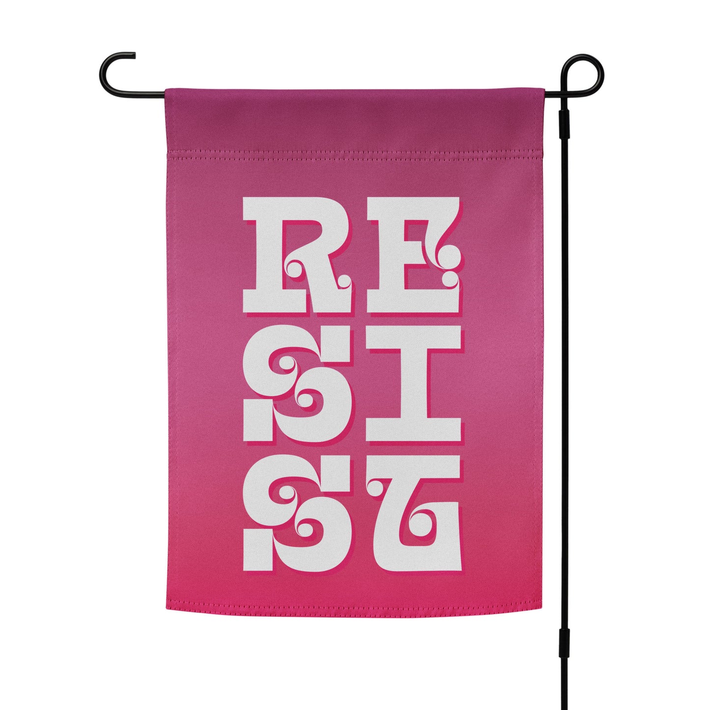 Front View Image: RESIST Garden Flag displayed on a metal stand.