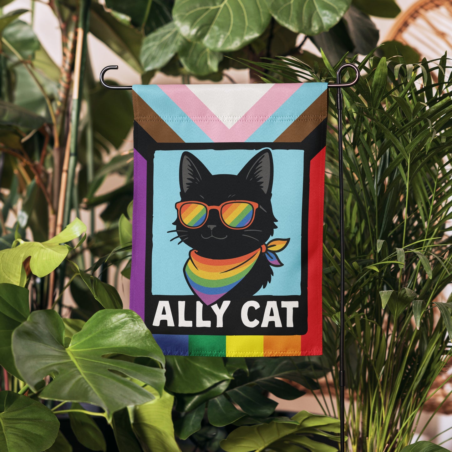 Ally Cat Progressive Garden Flag LGBTQ+ Pride Flag displayed in a garden
