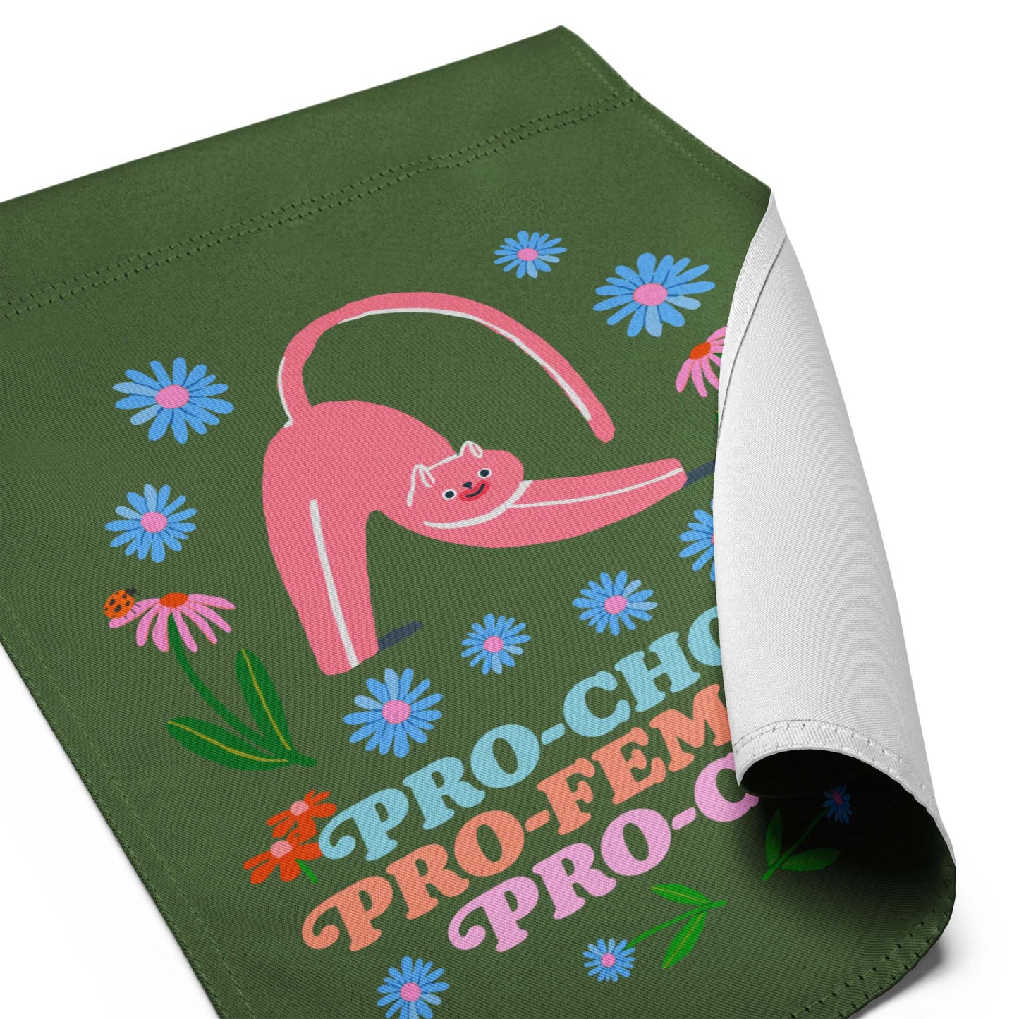 detail View Image: Pro-Choice Pro-Feminism Pro-Cats Garden Flag with floral cat graphic in a white background