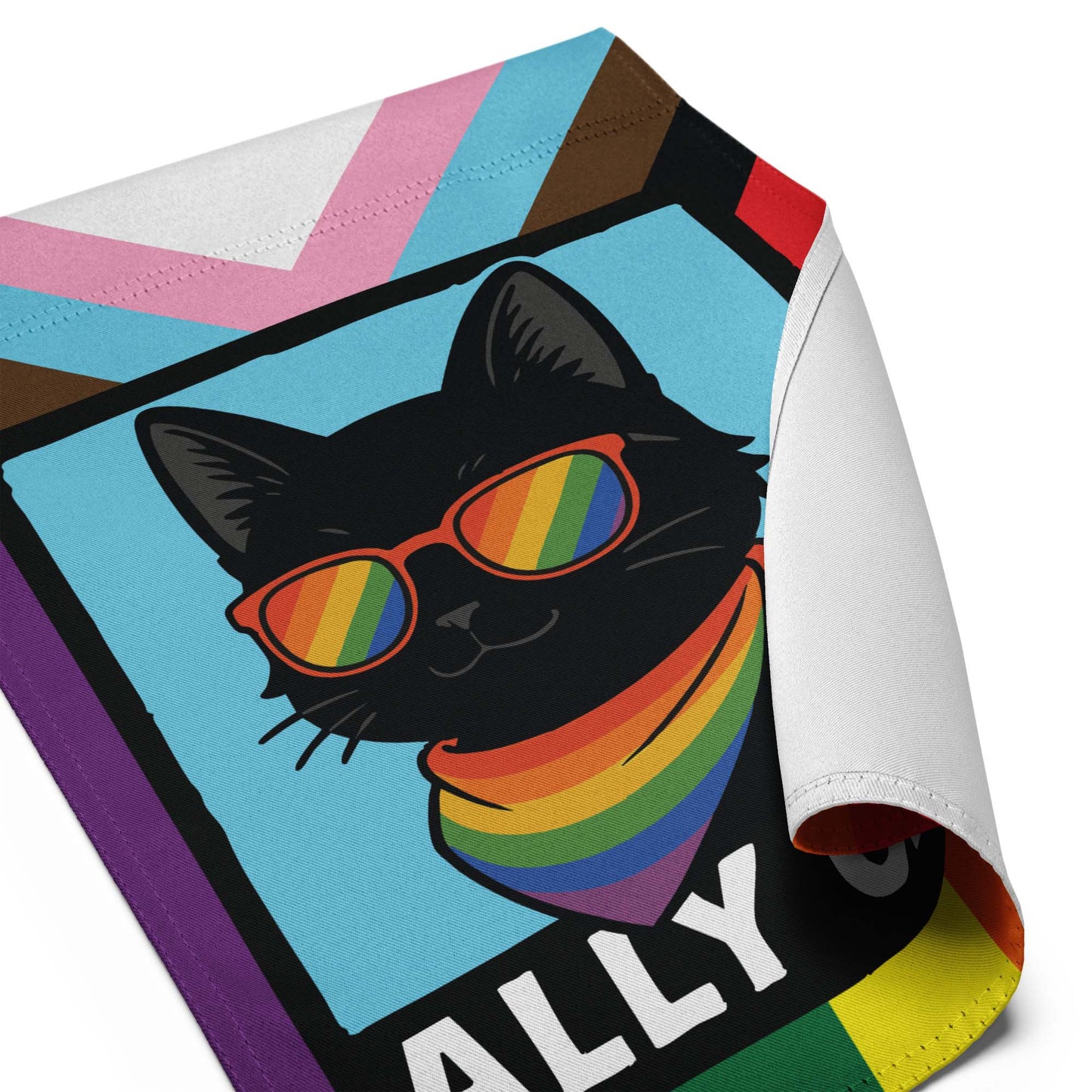 Close up front view: Ally Cat Progressive Garden Flag LGBTQ+ Pride Flag displayed in a garden