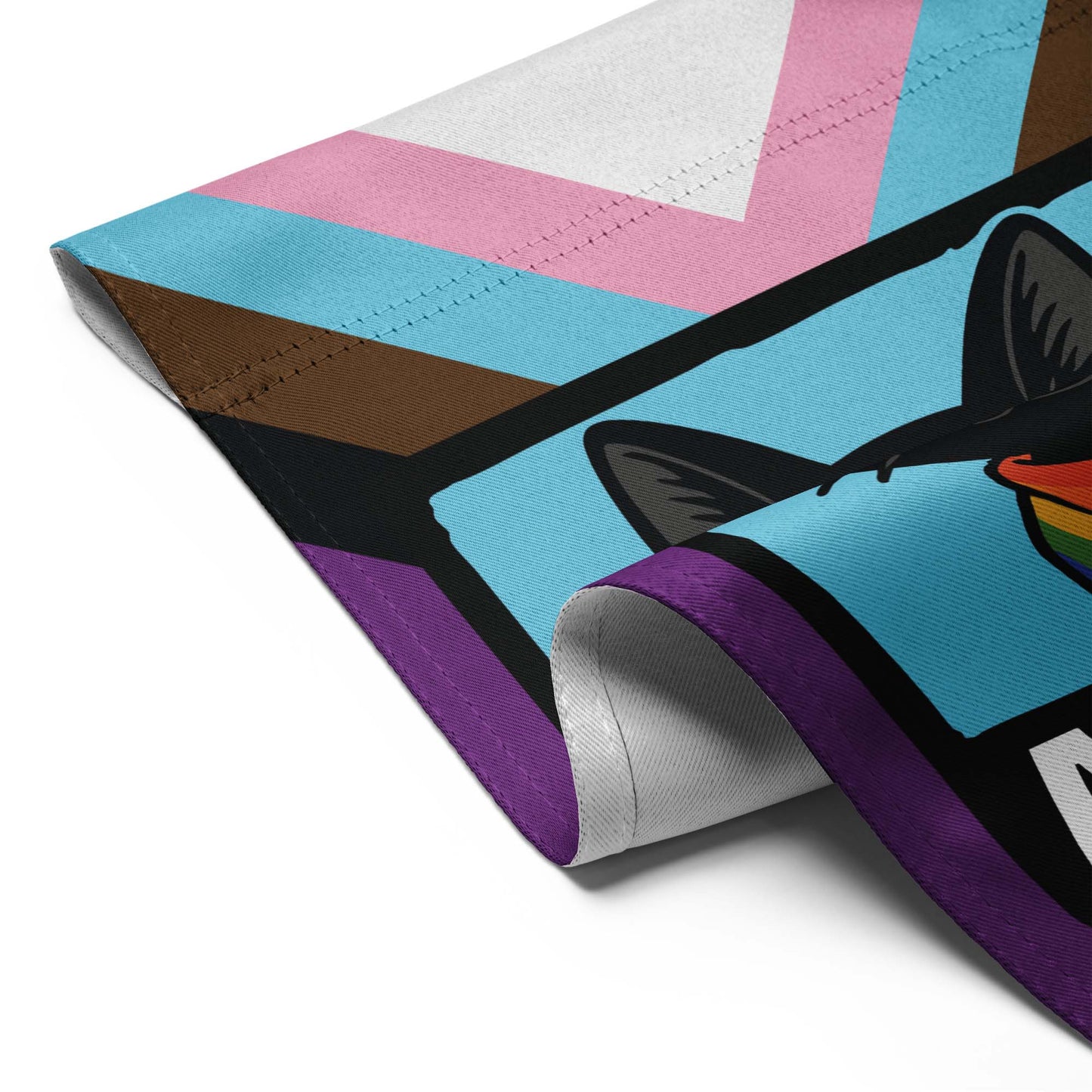 Detailed view of the “Ally Cat” LGBTQ+ pride garden flag with folded edge, progress pride background, and rainbow sunglasses cat design.