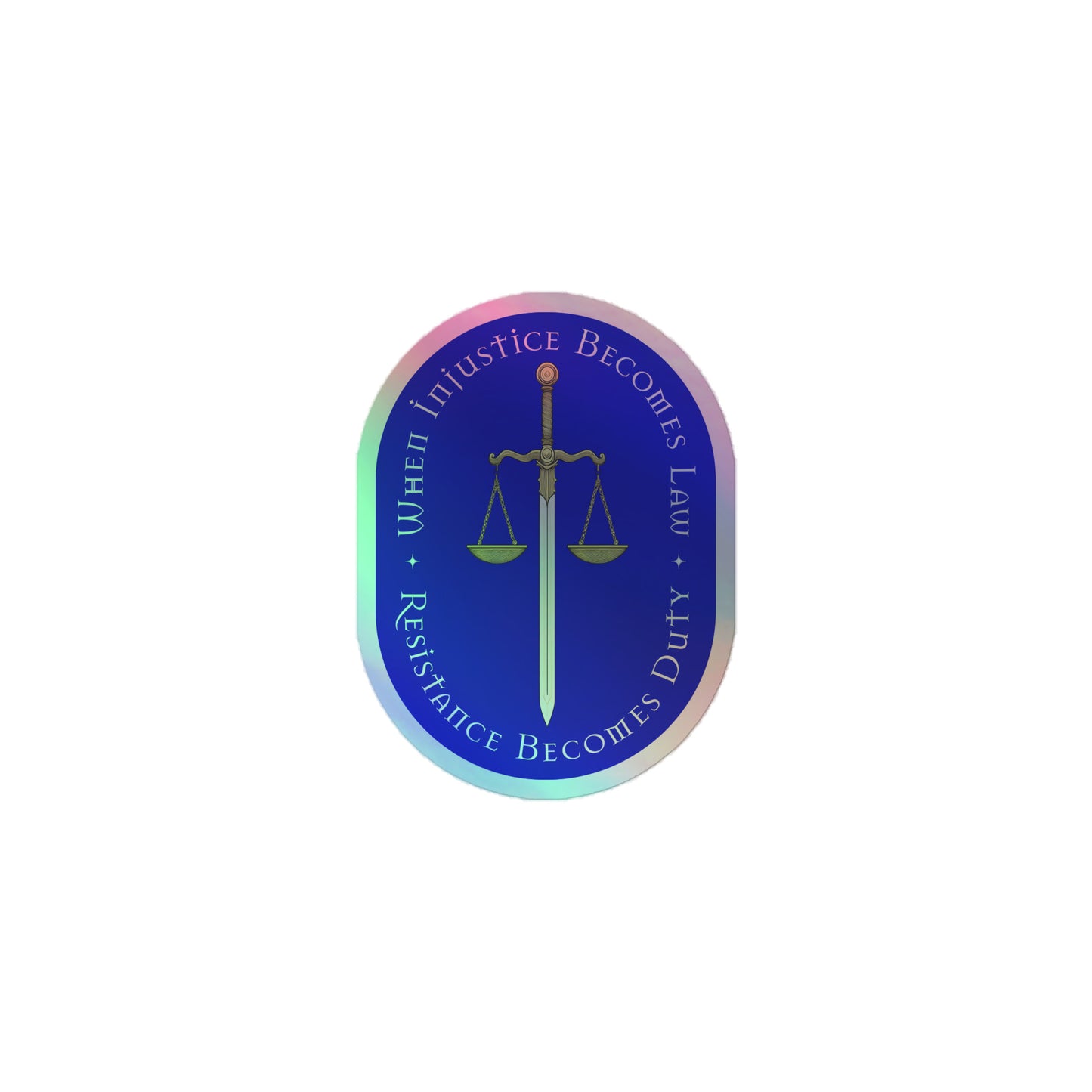 Front View Image: Holographic sticker with scales and sword graphic.