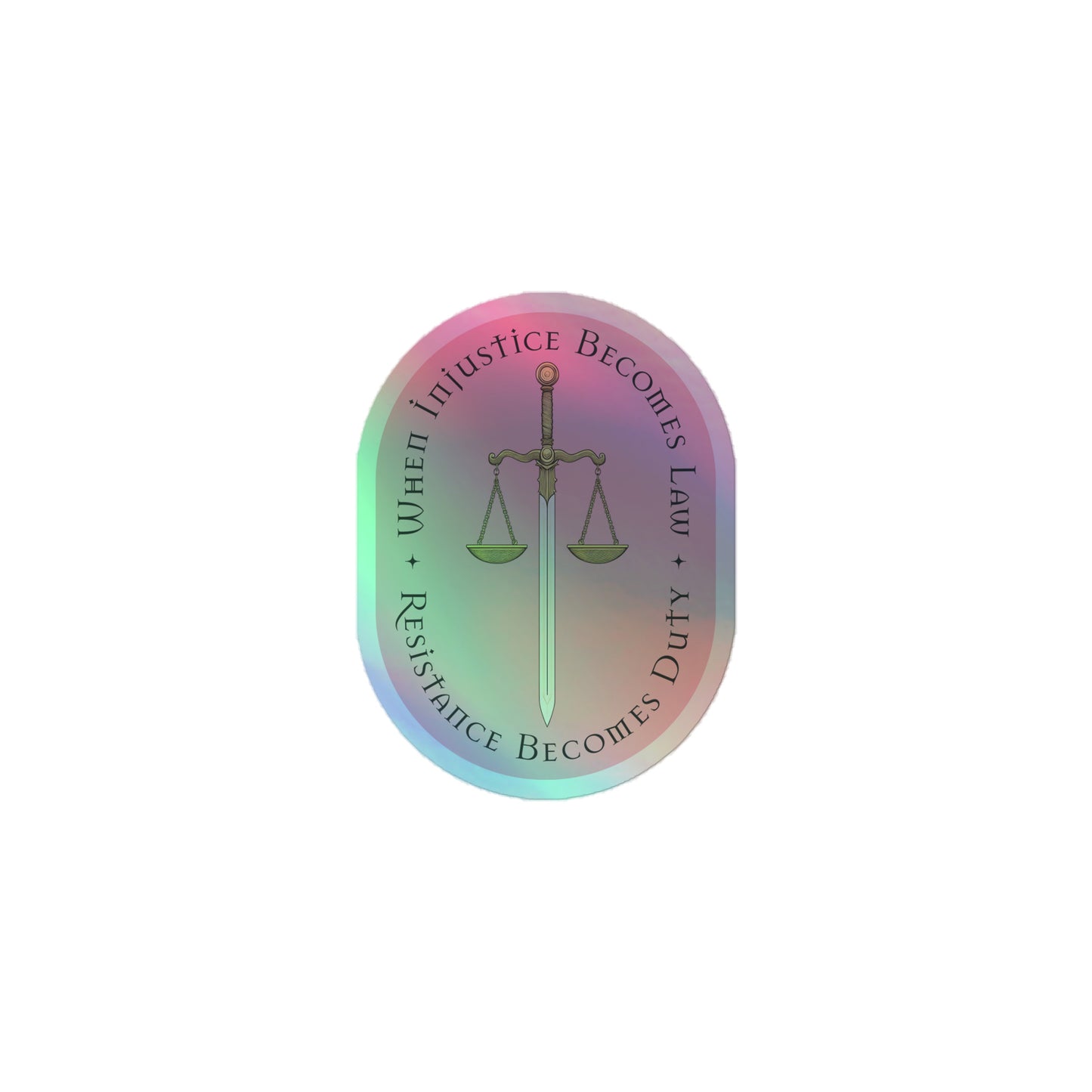 Front View Image: Holographic decal with scales and sword of justice design.