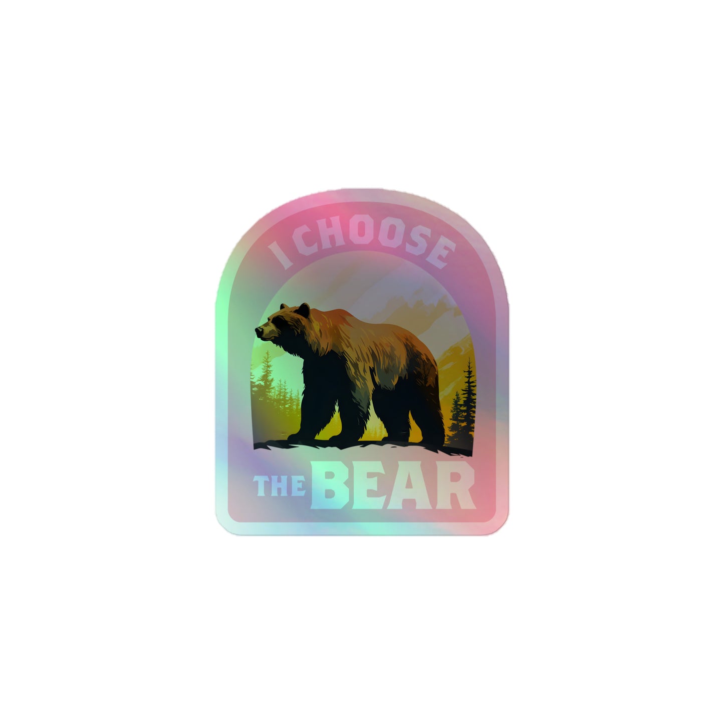 Front View Image: Holographic sticker with a bear in the mountains feminist design.