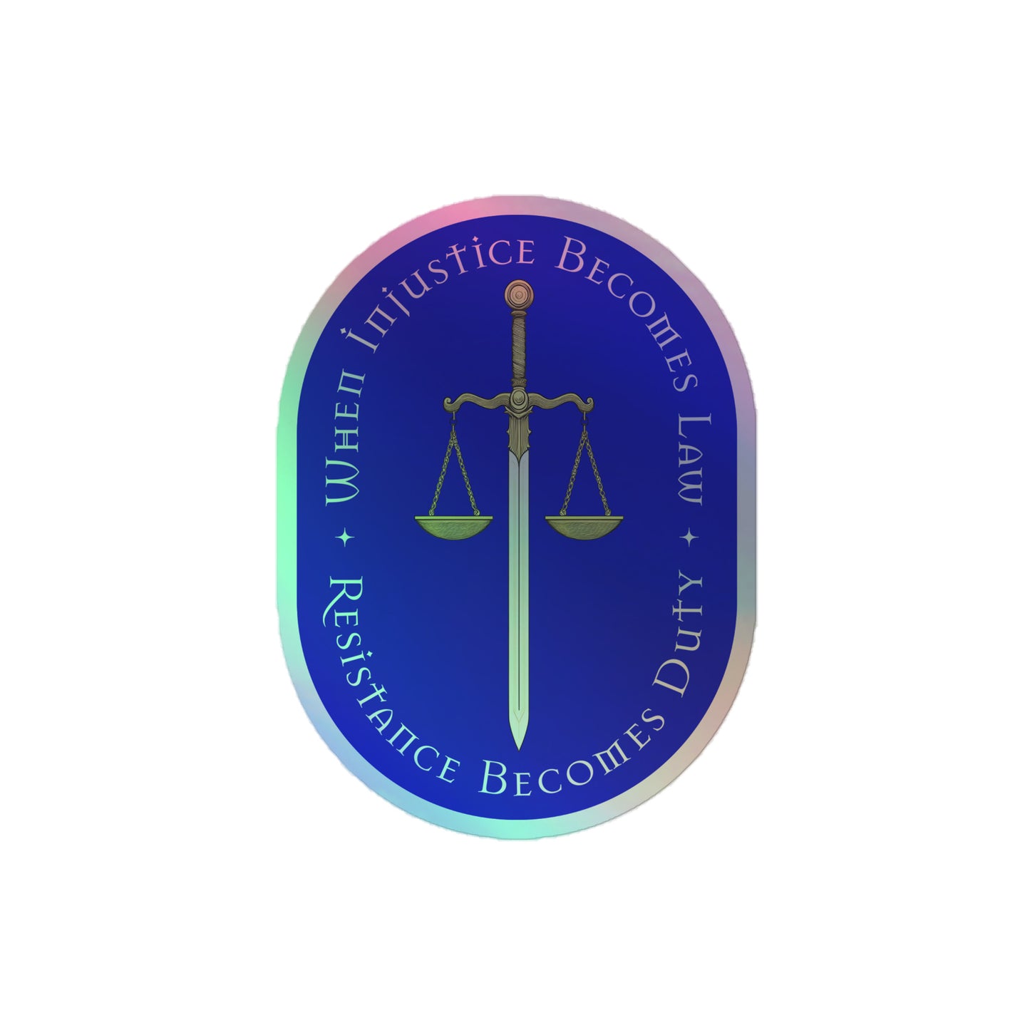 Front View Image: Holographic sticker with scales and sword graphic.