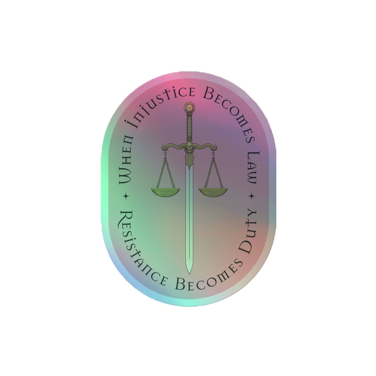 Front View Image: Holographic decal with scales and sword of justice design.
