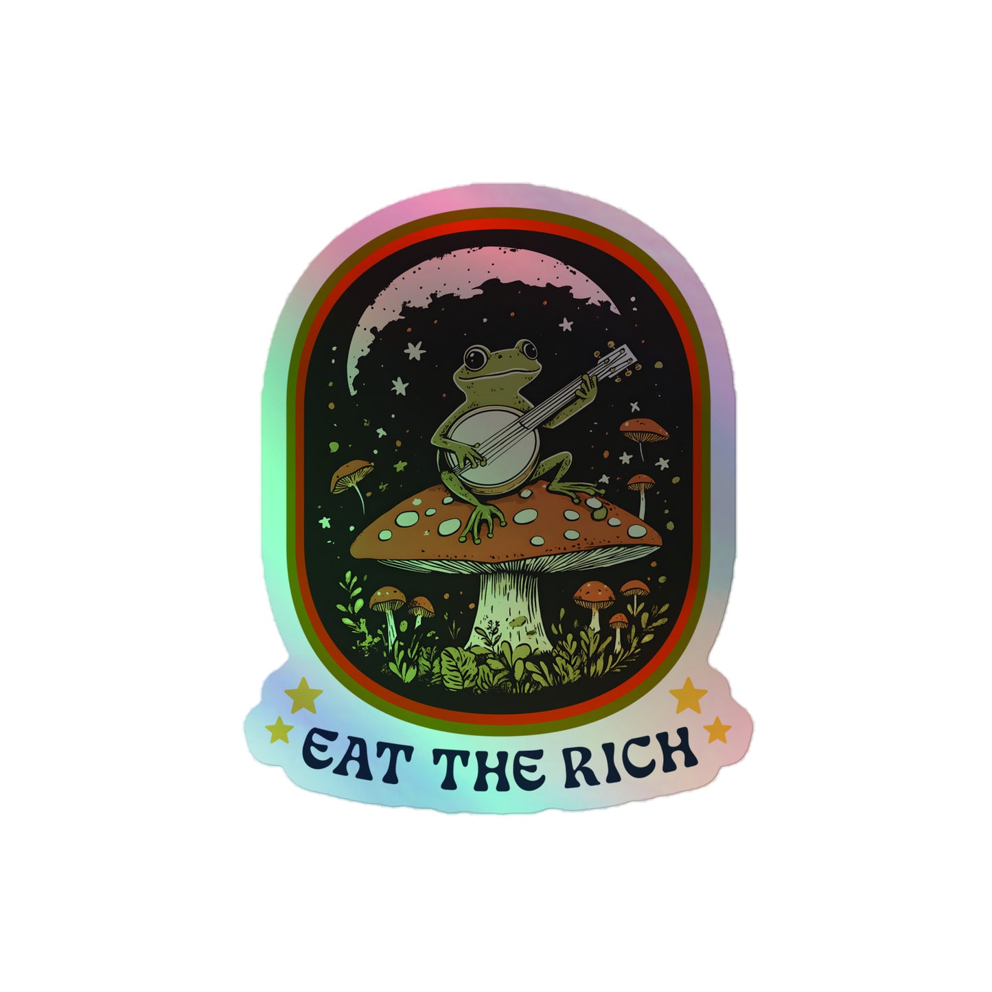 Holographic Eat The Rich Sticker with retro frog design.