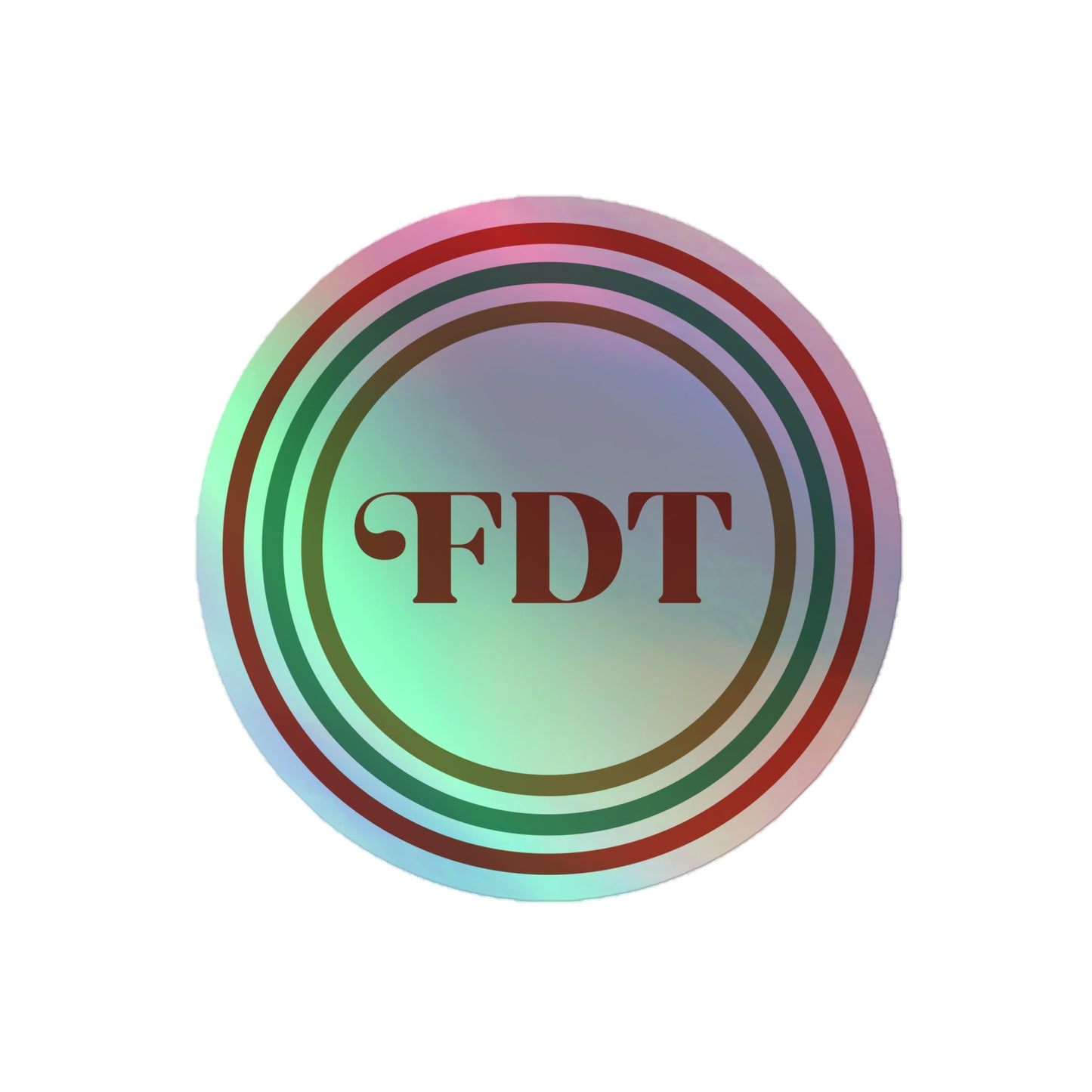 Front view of the holographic FDT Foxtrot Delta Tango Anti-Trump Sticker with Christmas-themed reflective colors.