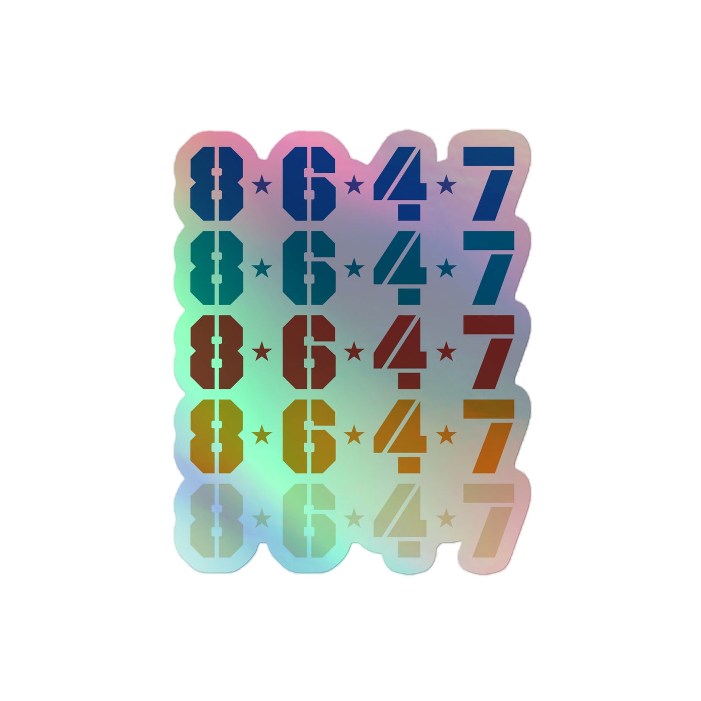 Front view of the Retro 8647 FDT Anti-Trump Holographic Sticker showcasing the "8647" design and holographic finish.