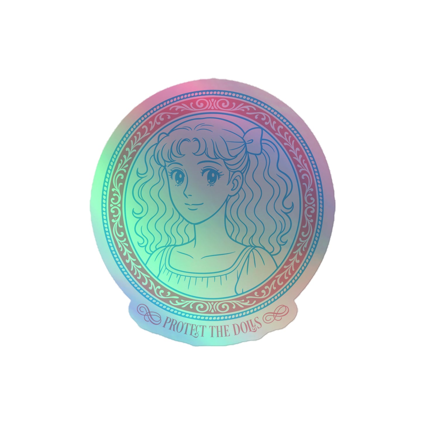 Front View Image: Protect The Dolls holographic sticker with pastel anime-style trans pride design