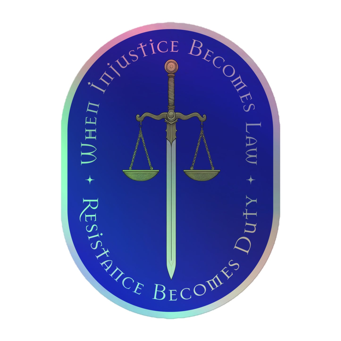 Front View Image: Holographic sticker with scales and sword graphic.