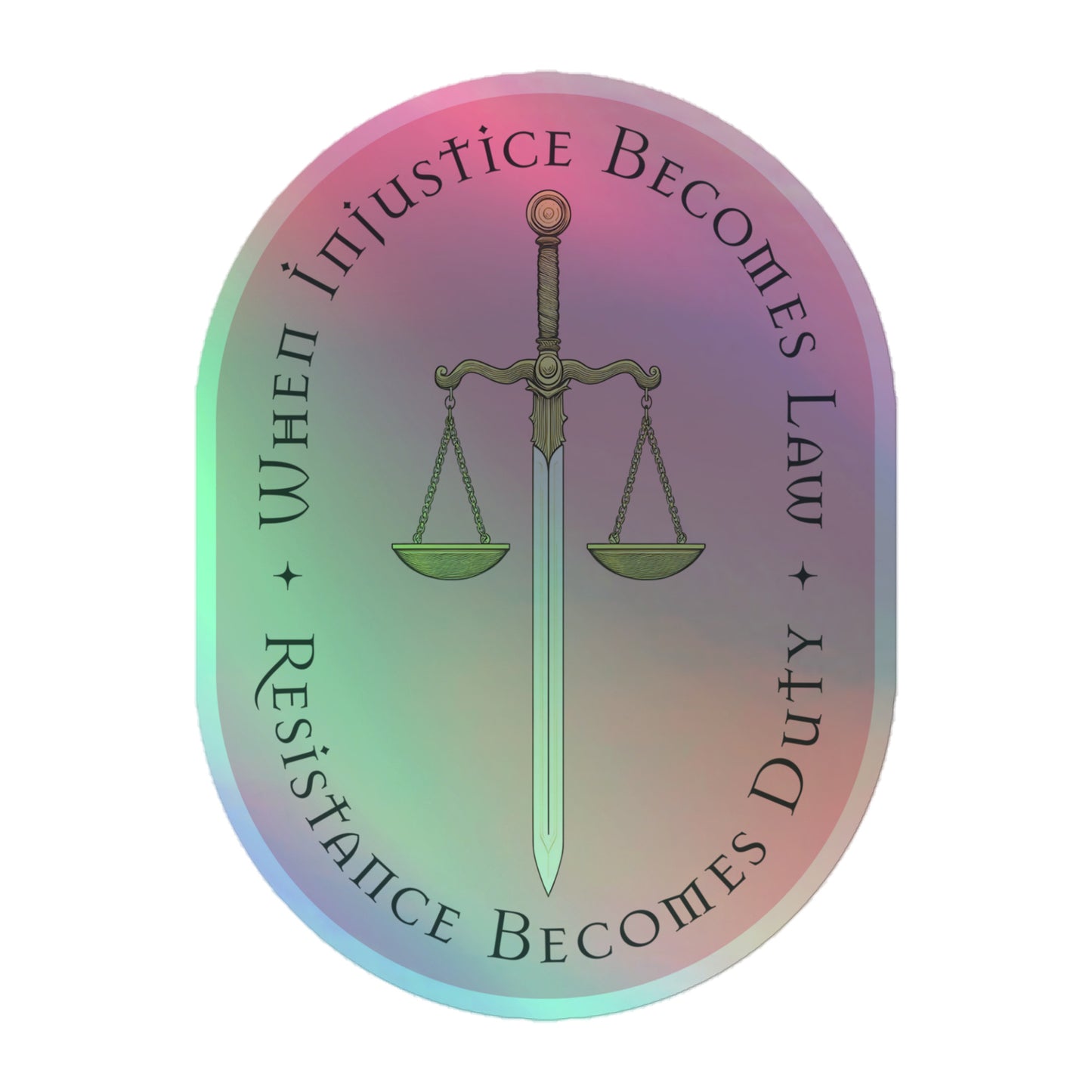 Front View Image: Holographic decal with scales and sword of justice design.