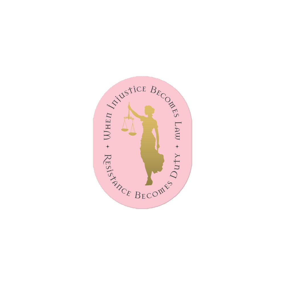 Front View Image: Vinyl sticker with Lady Justice design and elegant text.