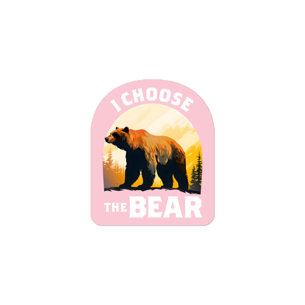 Front View Image: Sticker featuring the I Choose The Bear bear in the mountains design.