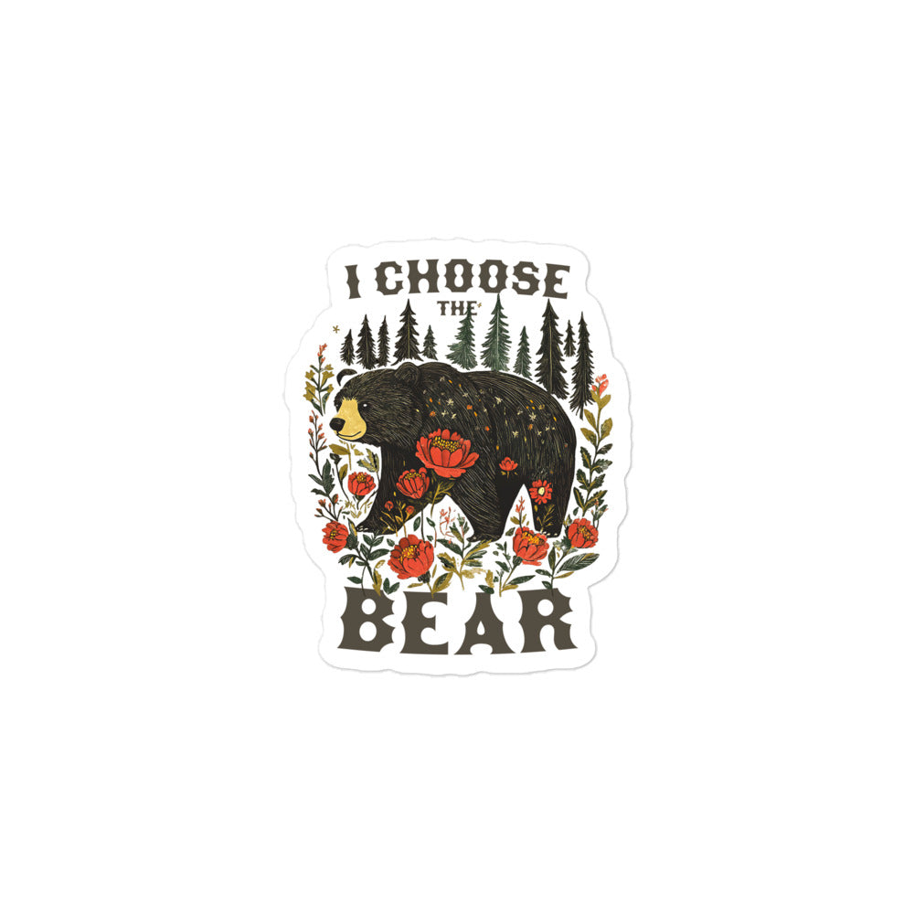 Front View Image: I Choose The Bear sticker with hand-drawn bear and floral design.