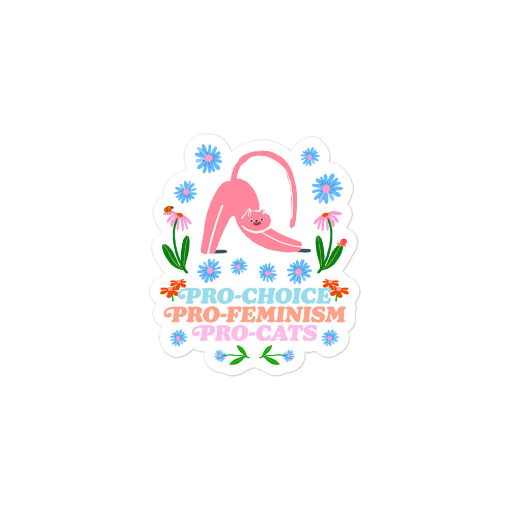 Front View Image: Pro-Choice Pro-Feminism Pro-Cats Sticker with floral cat graphic.
