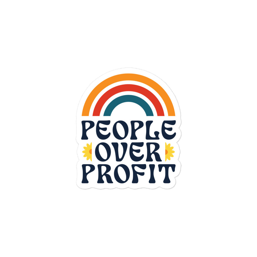 People Over Profit Sticker with retro rainbow design on a white background.