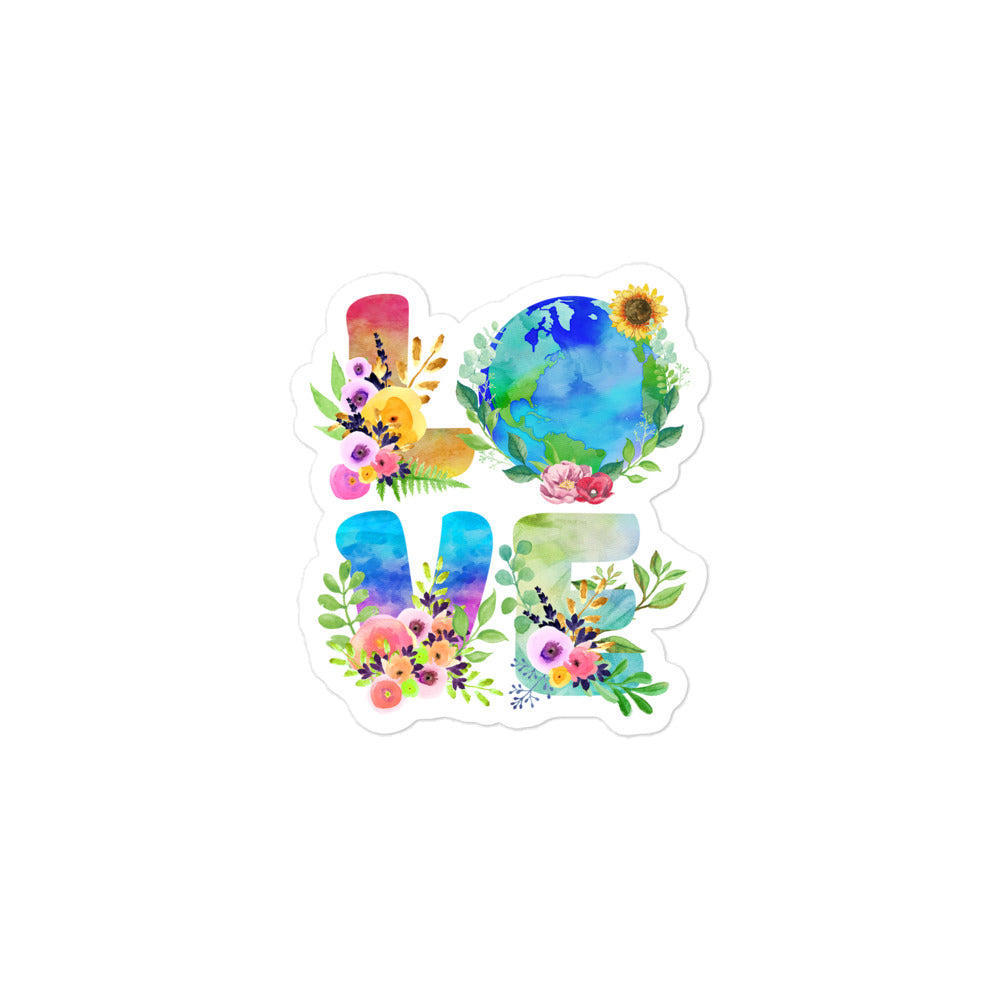 Nature Lover Vinyl Decal – Climate change awareness sticker featuring a watercolor Earth and floral "LOVE" design.