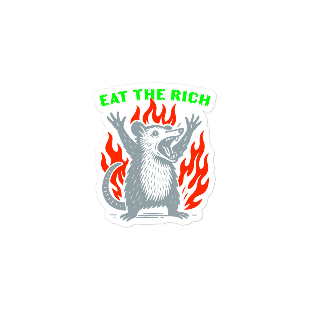 Front View Image: Eat The Rich Opossum Vinyl Sticker – bold graphic with flames and protest text