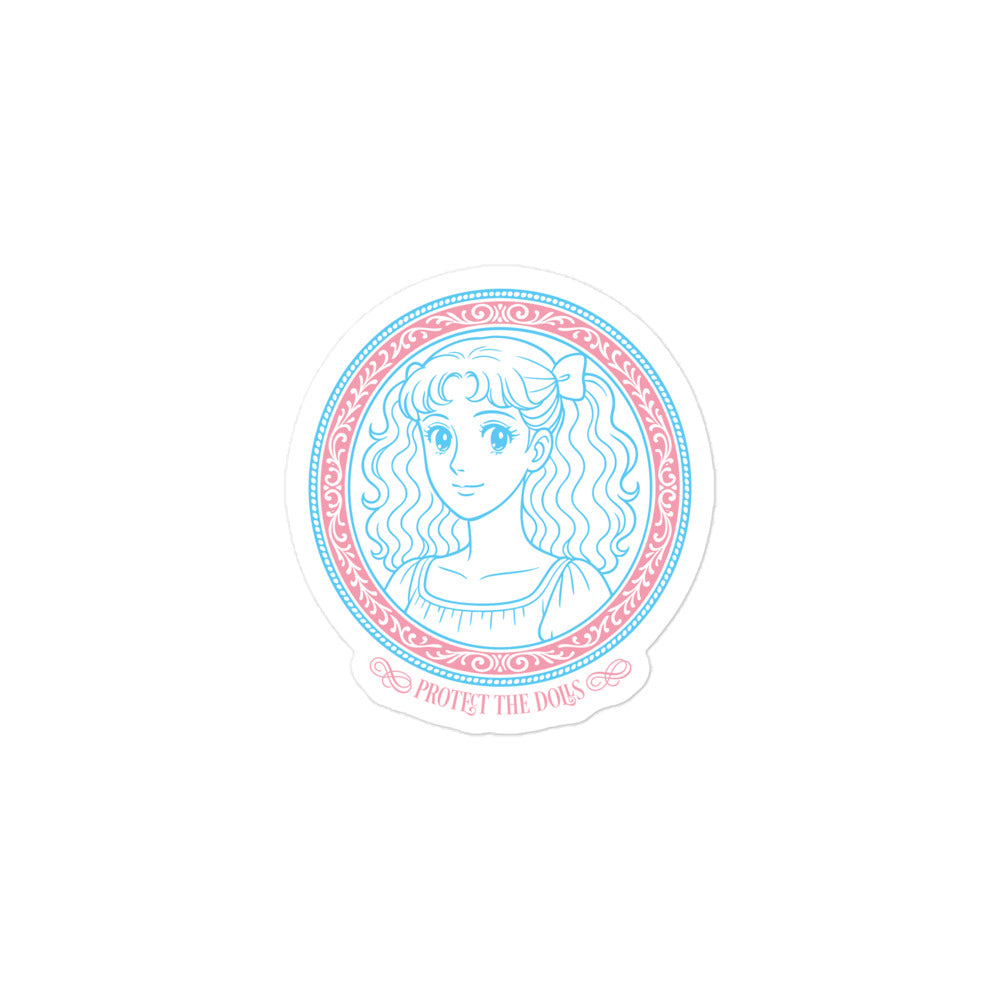 Front View Image: Protect The Dolls LGBTQ+ pride sticker with pastel anime-style trans pride design