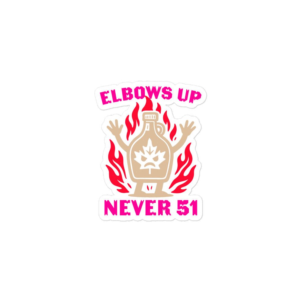 Front View Image: “Elbows Up Never 51st” Canadian protest sticker with maple jug graphic