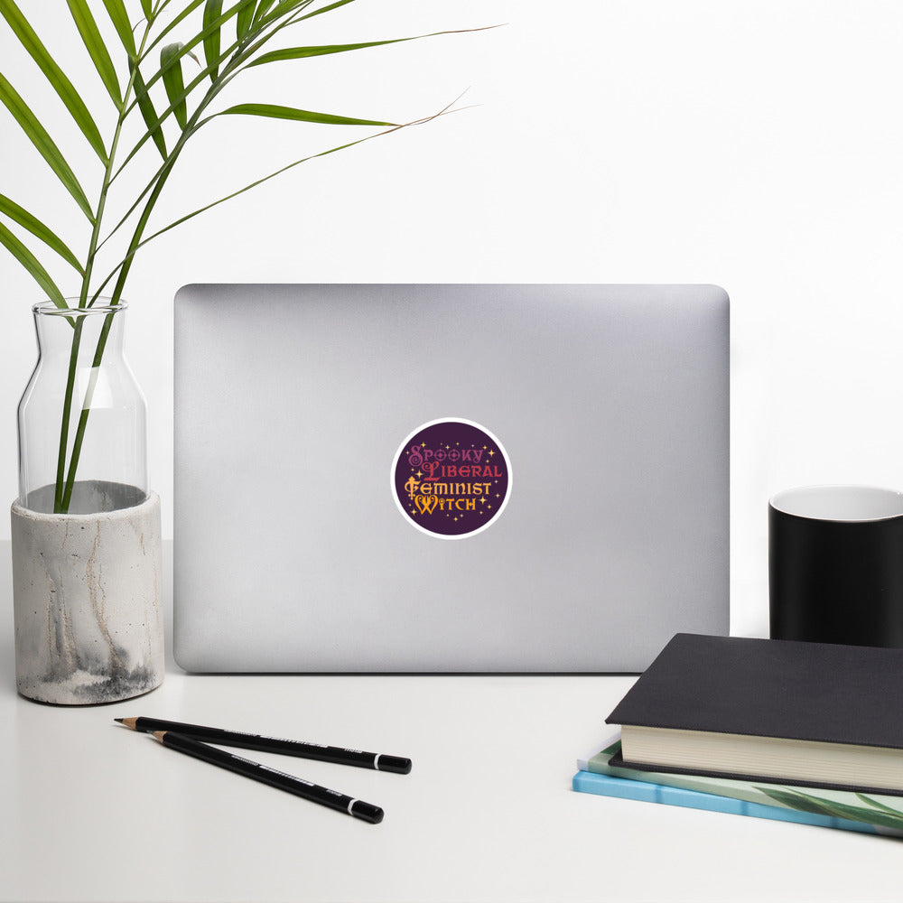 Front View Image: Spooky Liberal Feminist Witch Vinyl Sticker with bold witchy design