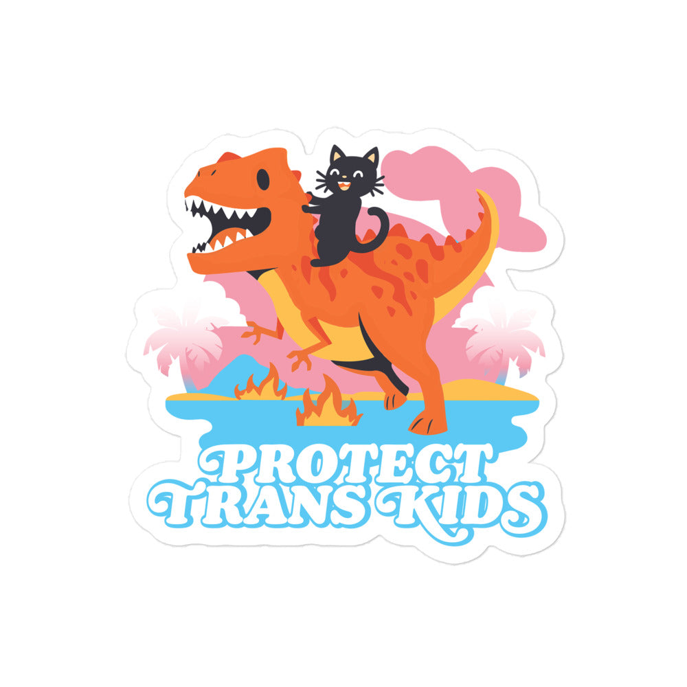 Front view of Protect Trans Kids Sticker with black cat riding a dinosaur graphic.
