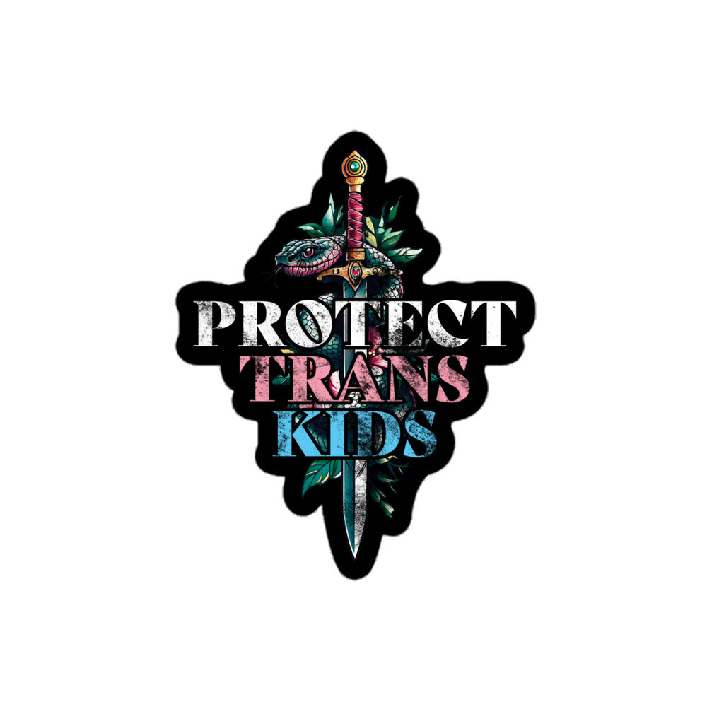 Protect Trans Kids Sticker with snake wrapped around a dagger graphic.