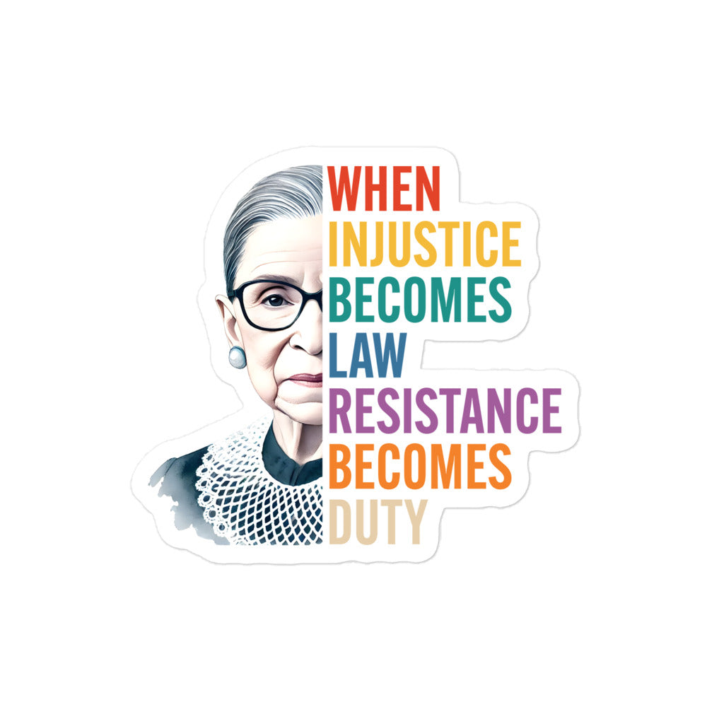 Front View Image: Sticker with Ruth Bader Ginsburg’s portrait and bold text.