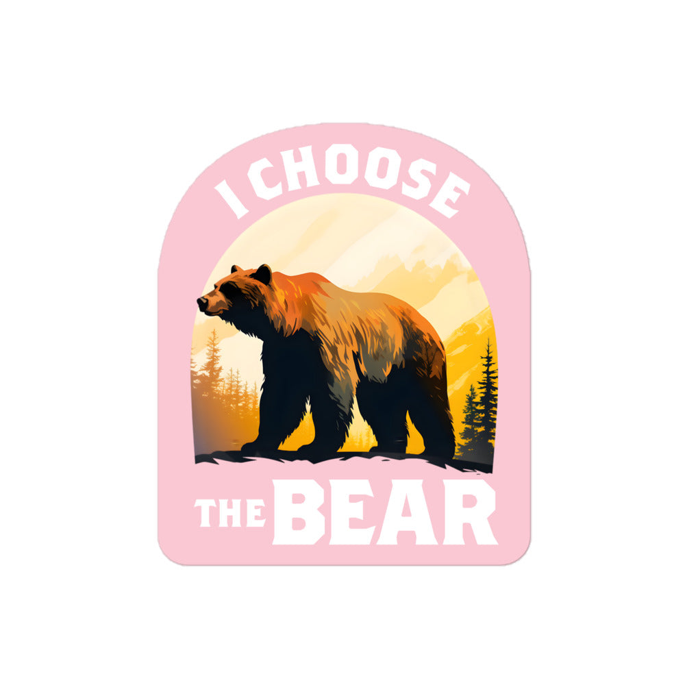 Front View Image: Sticker featuring the I Choose The Bear bear in the mountains design.