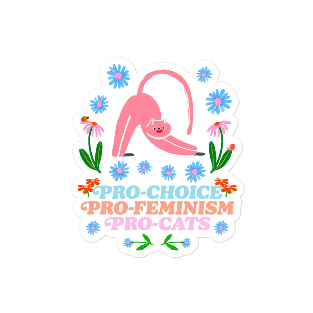Front View Image: Pro-Choice Pro-Feminism Pro-Cats Sticker with floral cat graphic.