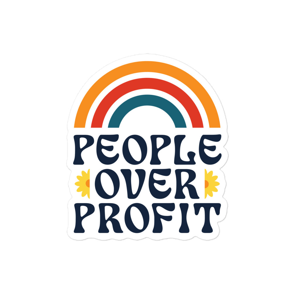 People Over Profit Sticker with retro rainbow design on a white background.