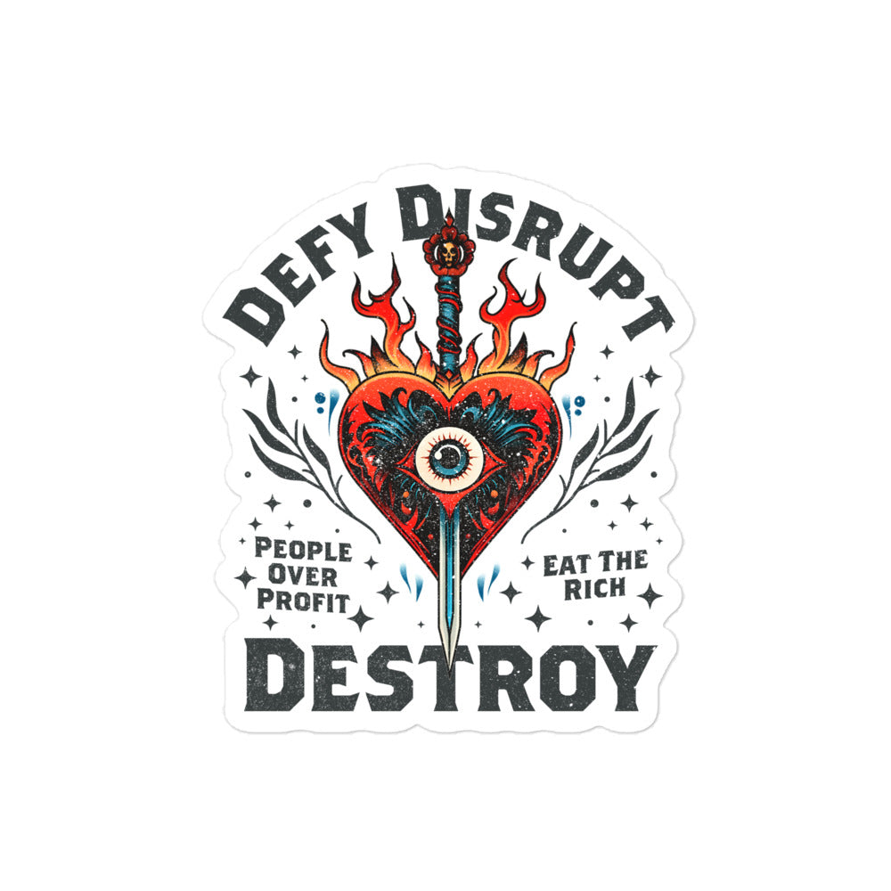 Eat The Rich Sticker with tattoo-inspired fiery heart and anti-capitalist text.