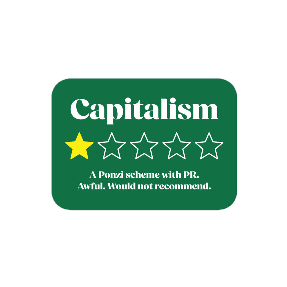 Close-up of anti-capitalist one-star graphic on the sticker