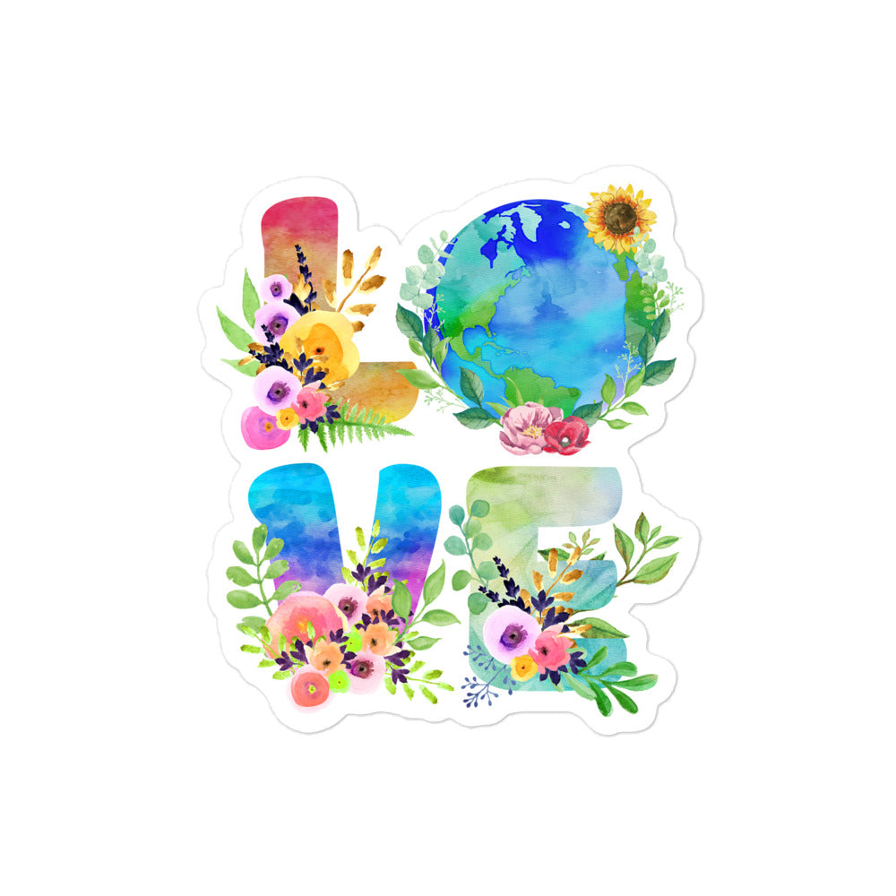 Nature Lover Vinyl Decal – Climate change awareness sticker featuring a watercolor Earth and floral "LOVE" design.