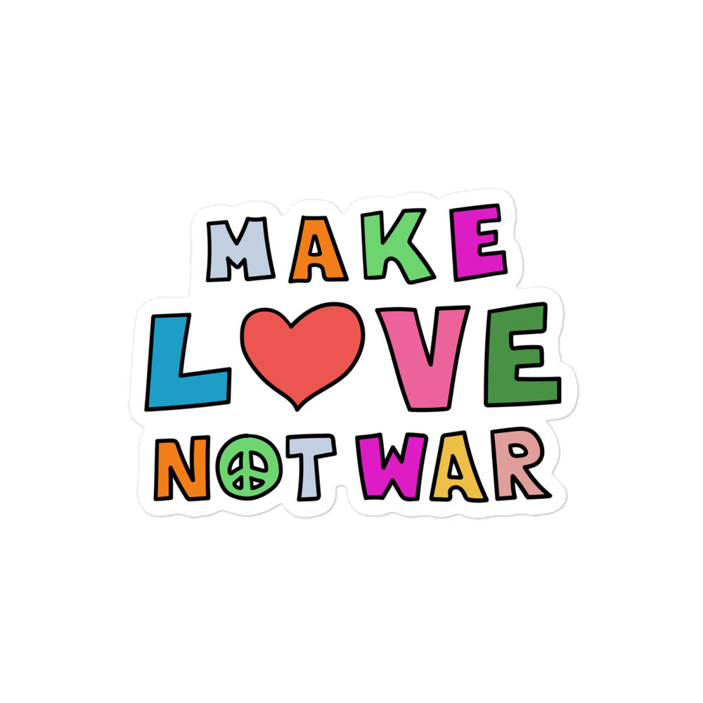 Front View Image: Anti-war bubble-free sticker featuring a bold “Make Love Not War” peace and love symbol design
