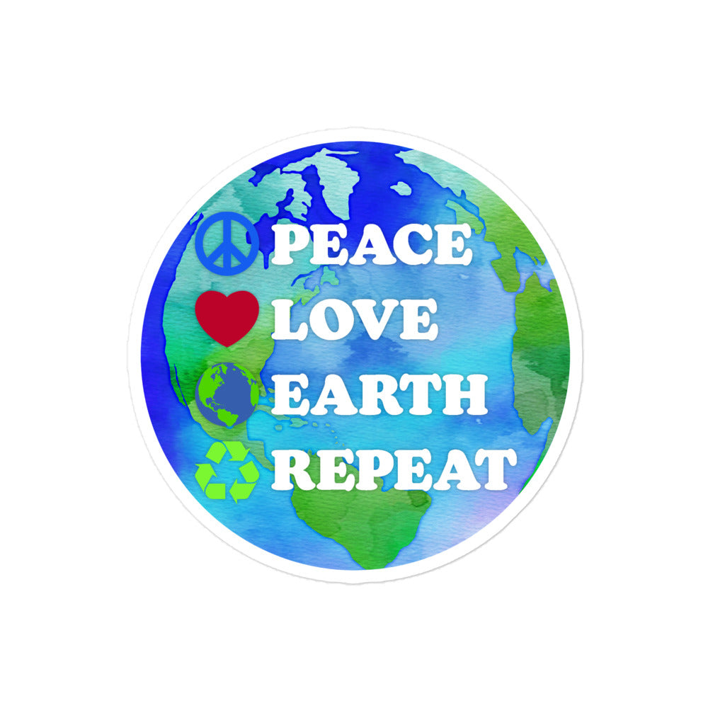 Front View Image: Peace Love Earth Repeat sticker on a watercolor globe