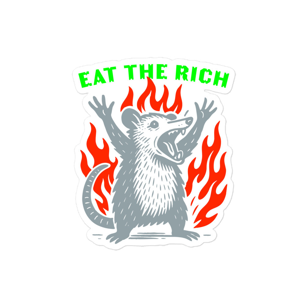 Front View Image: Eat The Rich Opossum Vinyl Sticker – bold graphic with flames and protest text