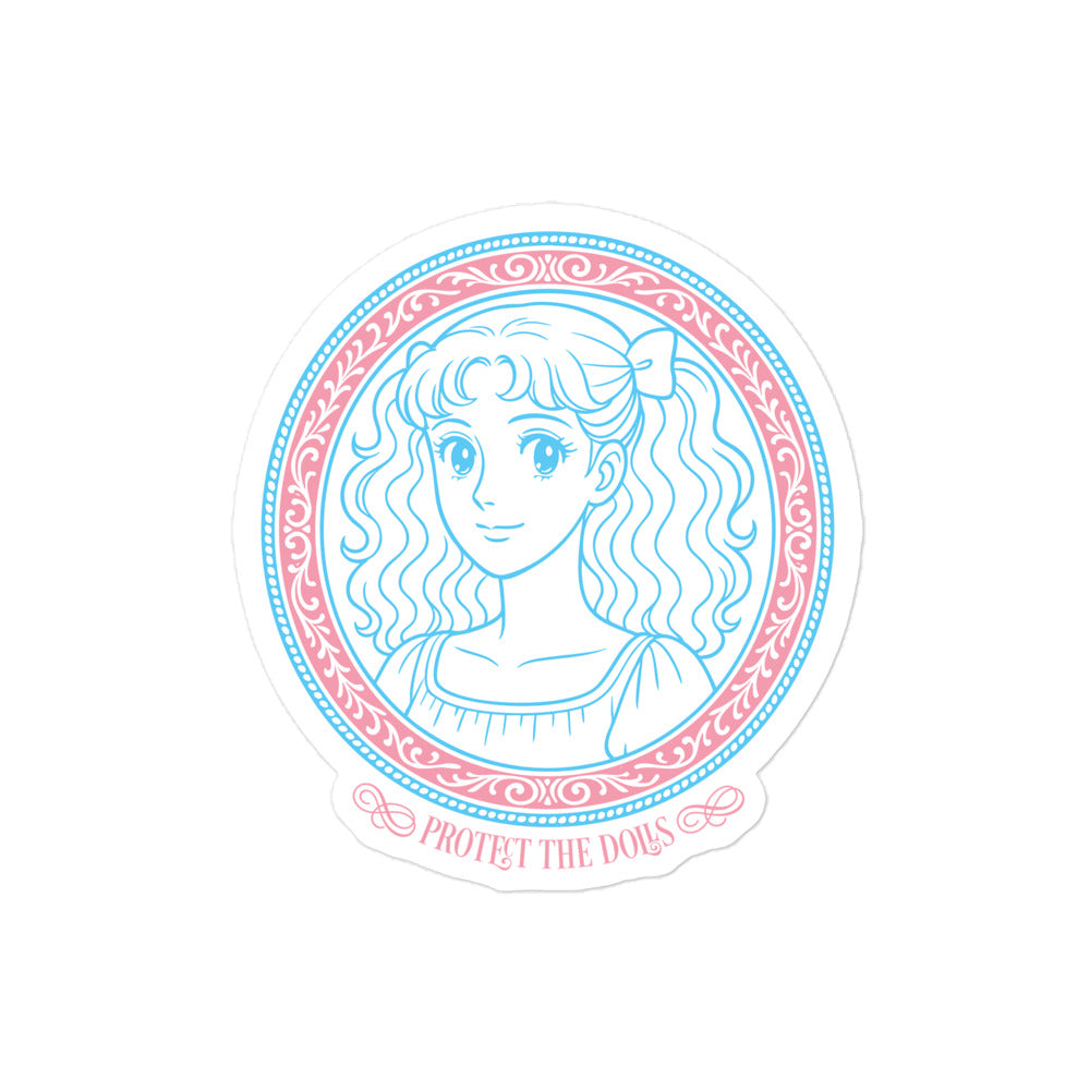 Front View Image: Protect The Dolls LGBTQ+ pride sticker with pastel anime-style trans pride design