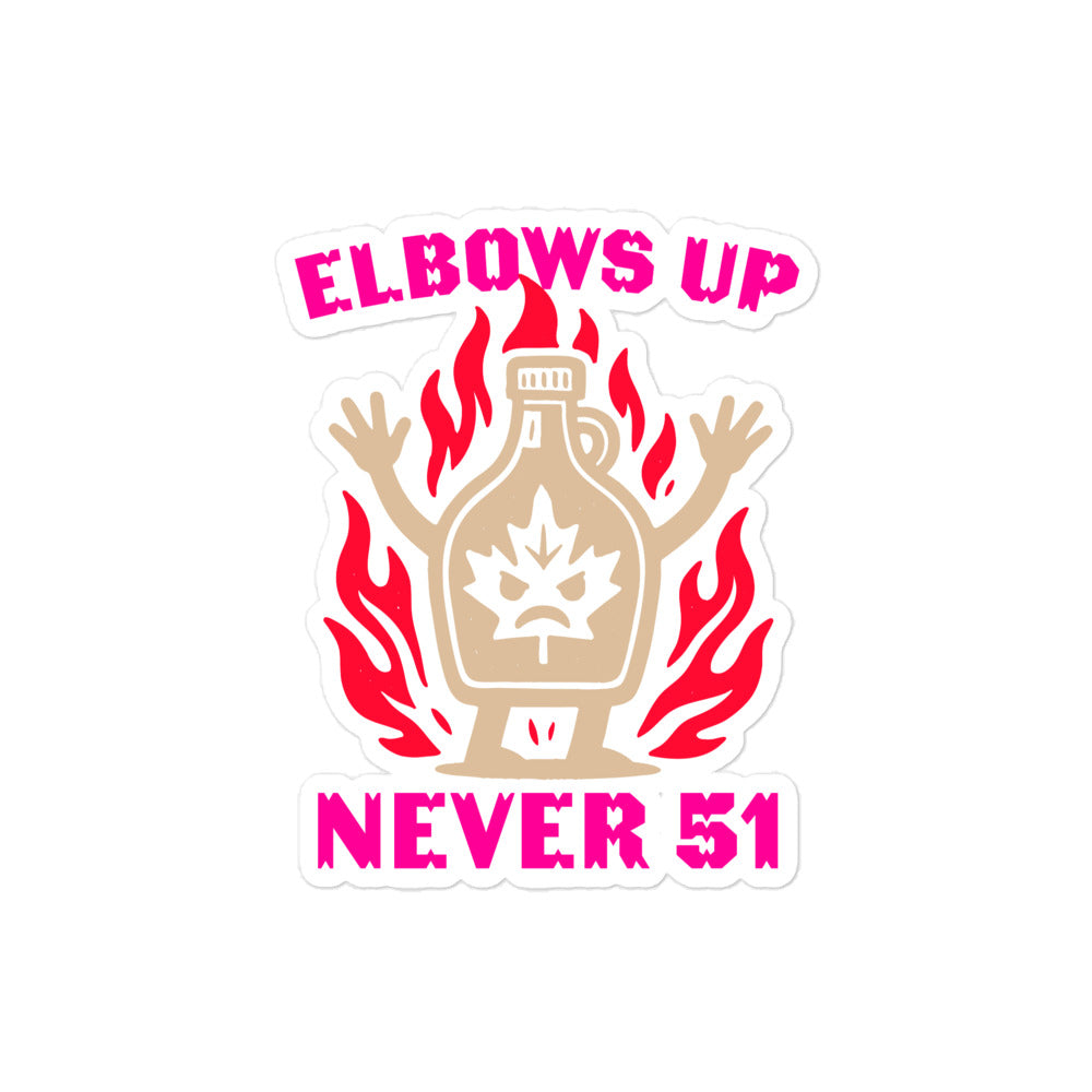 Front View Image: “Elbows Up Never 51st” Canadian protest sticker with maple jug graphic