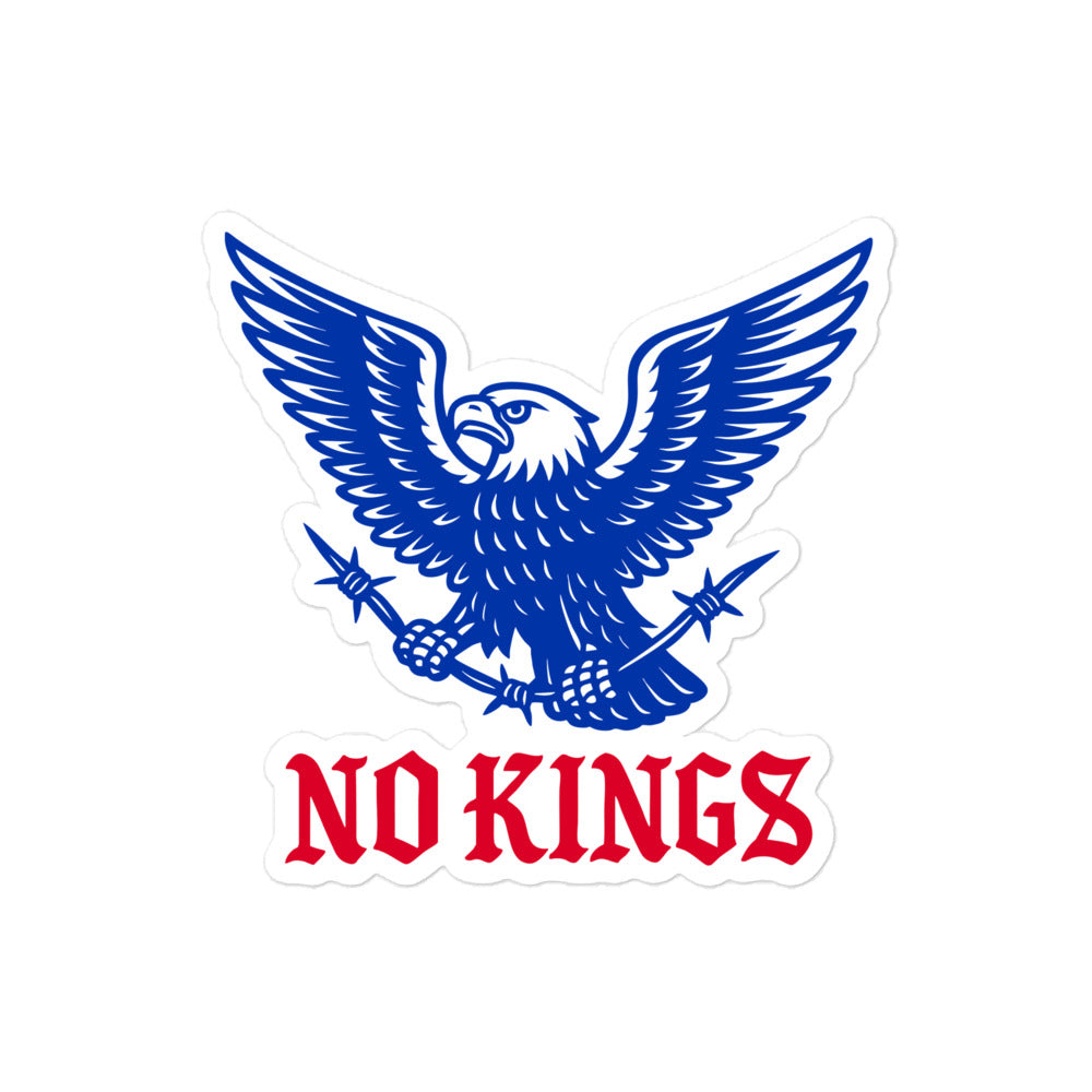 Front view: "No Kings In America" Anti-Trump Patriotic Eagle Graphic 4x4 Bubble-Free Sticker