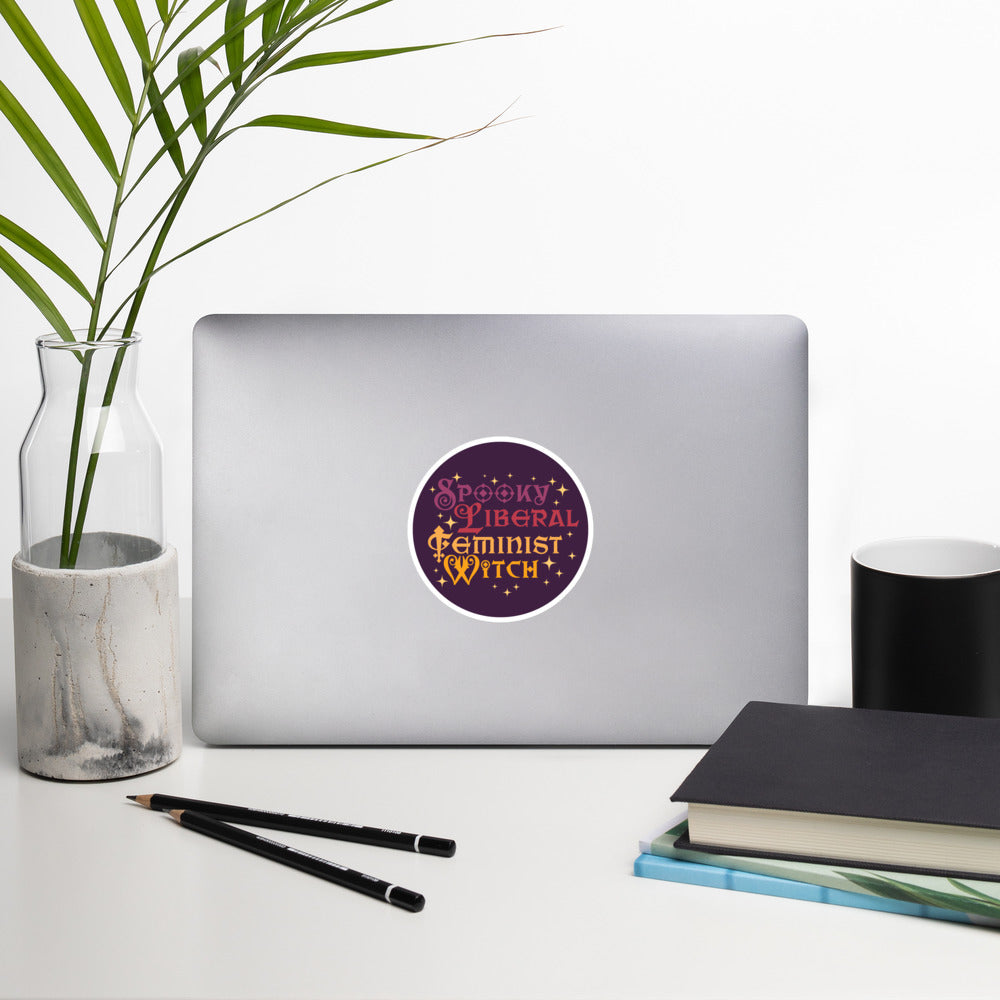 Front View Image: Spooky Liberal Feminist Witch Vinyl Sticker with bold witchy design