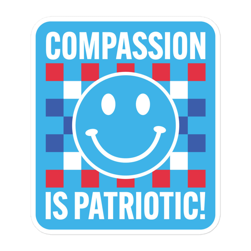 Front view of the Compassion Is Patriotic Patriotic Kindness Social Awareness Sticker featuring a bold red, white, and blue design.