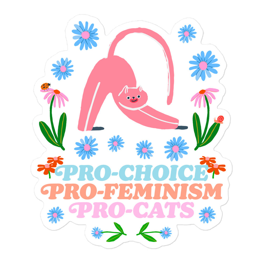 Front View Image: Pro-Choice Pro-Feminism Pro-Cats Sticker with floral cat graphic.