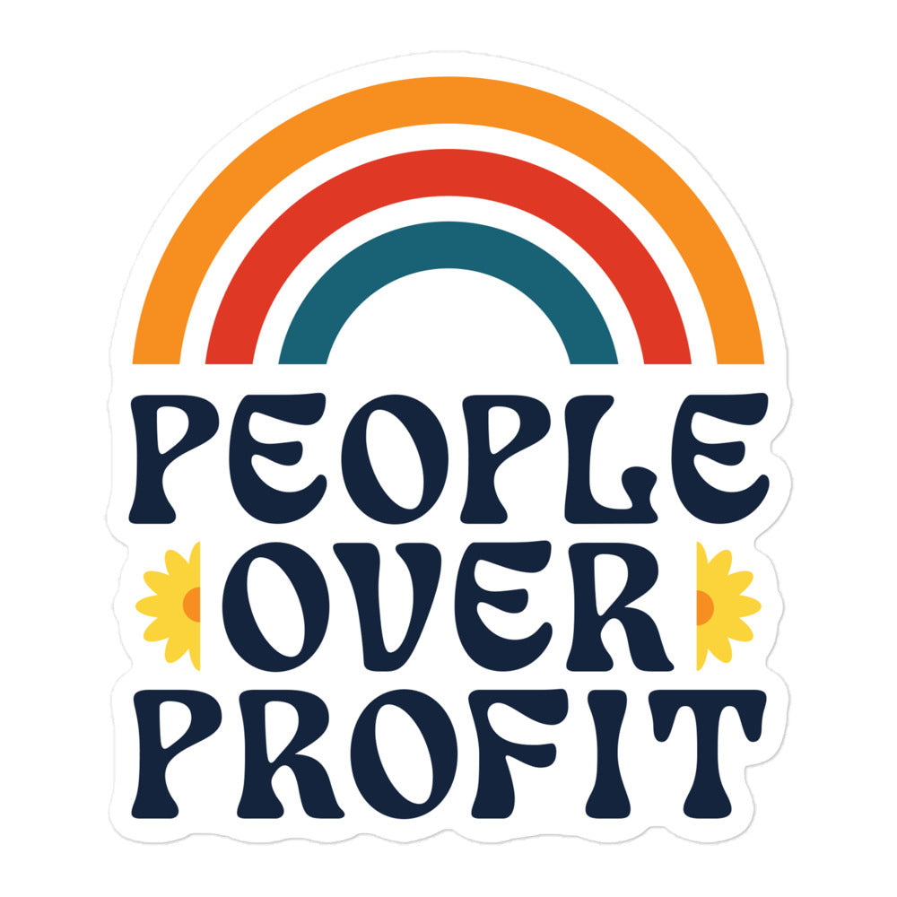 People Over Profit Sticker with retro rainbow design on a white background.
