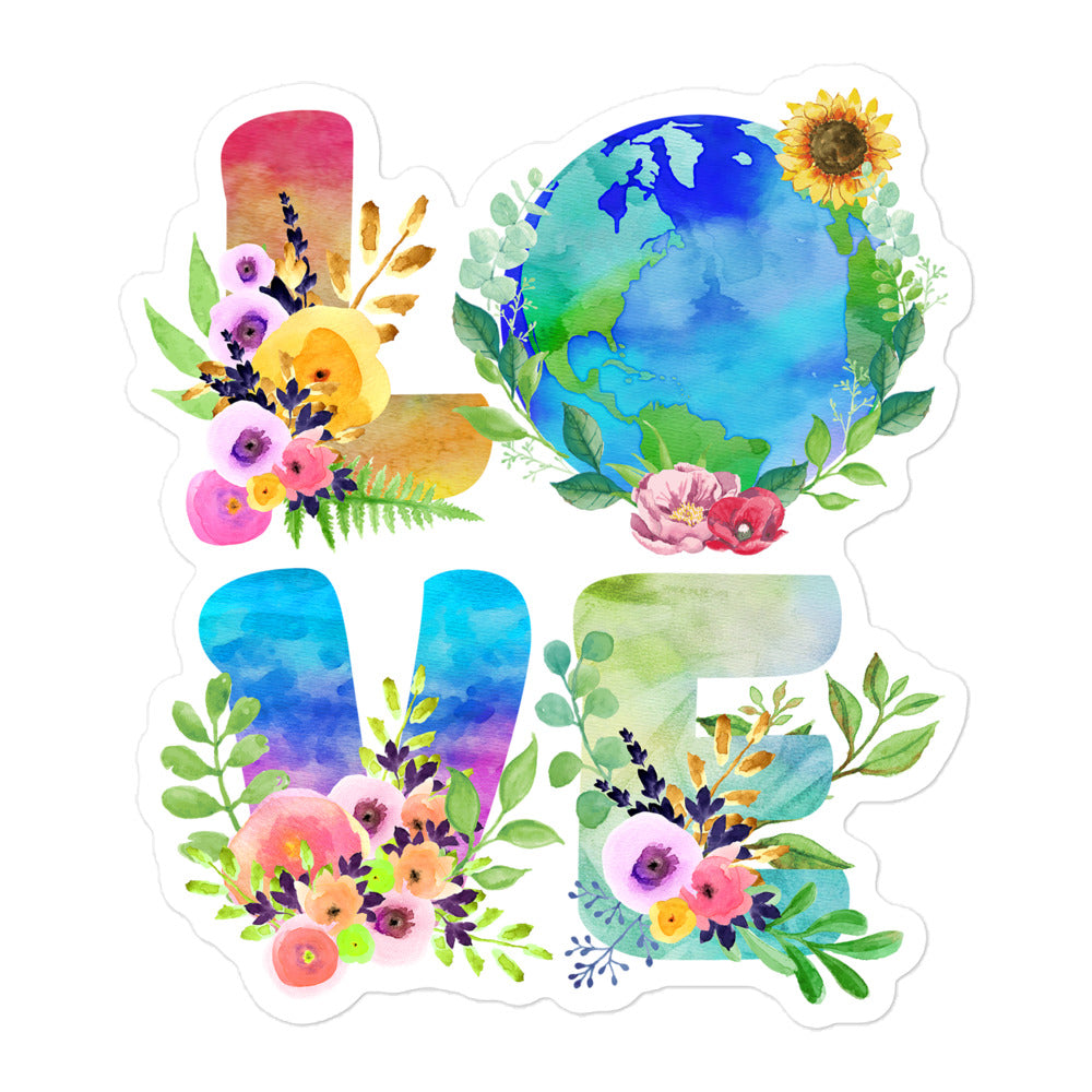 Nature Lover Vinyl Decal – Climate change awareness sticker featuring a watercolor Earth and floral "LOVE" design.