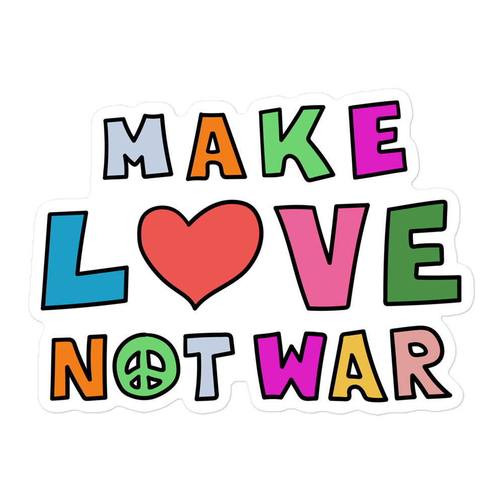 Front View Image: Anti-war bubble-free sticker featuring a bold “Make Love Not War” peace and love symbol design