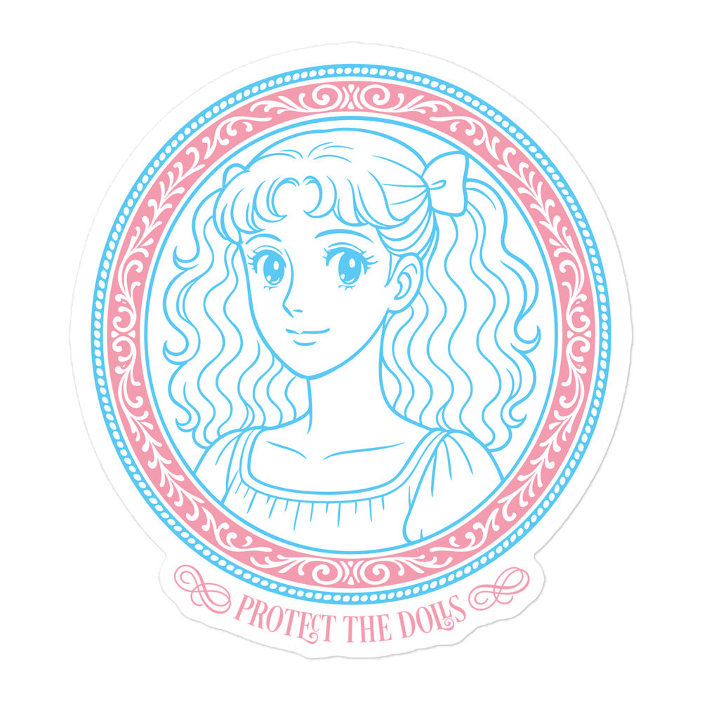 Front View Image: Protect The Dolls LGBTQ+ pride sticker with pastel anime-style trans pride design
