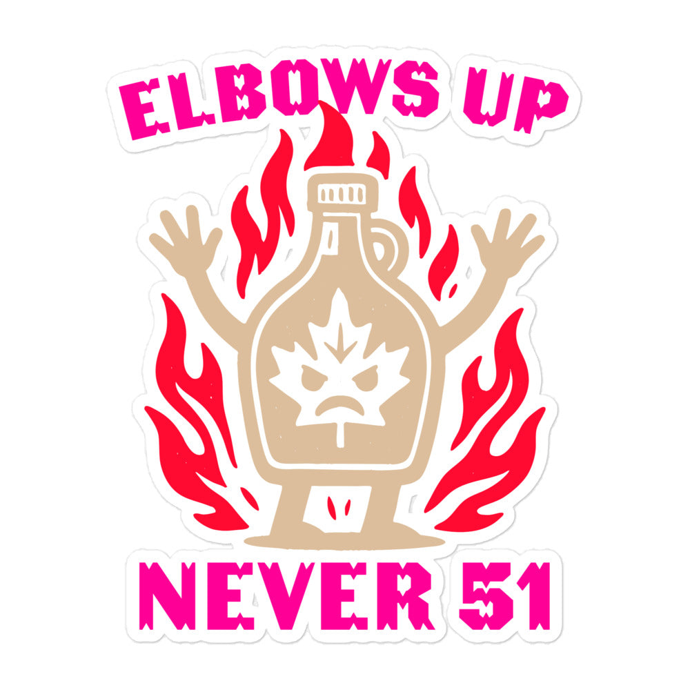 Front View Image: “Elbows Up Never 51st” Canadian protest sticker with maple jug graphic
