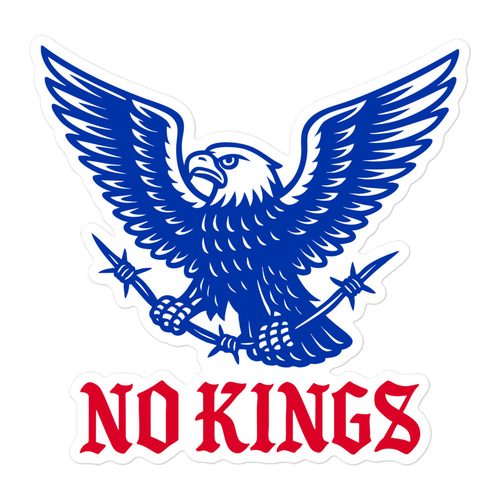 5.5x5.5 White die-cut sticker showing a blue illustrated eagle with crossed batons and red “NO KINGS” text in gothic lettering, designed by Blue Wave USA.